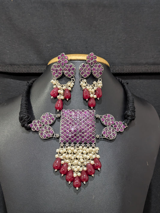 Oxidized Silver CZ choker necklace and earrings set