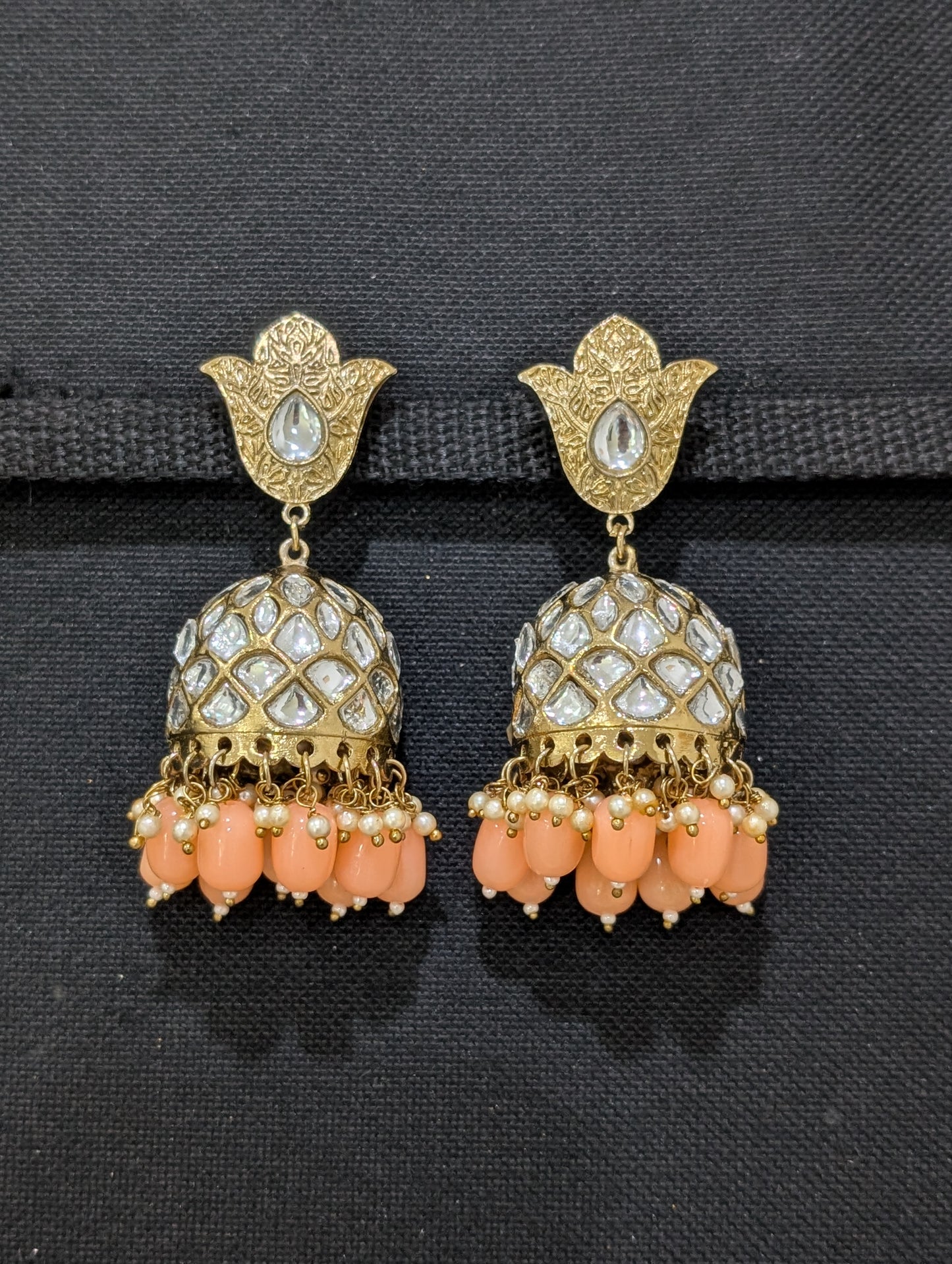 Mehandi gold plated beaded Large Jhumka Earrings