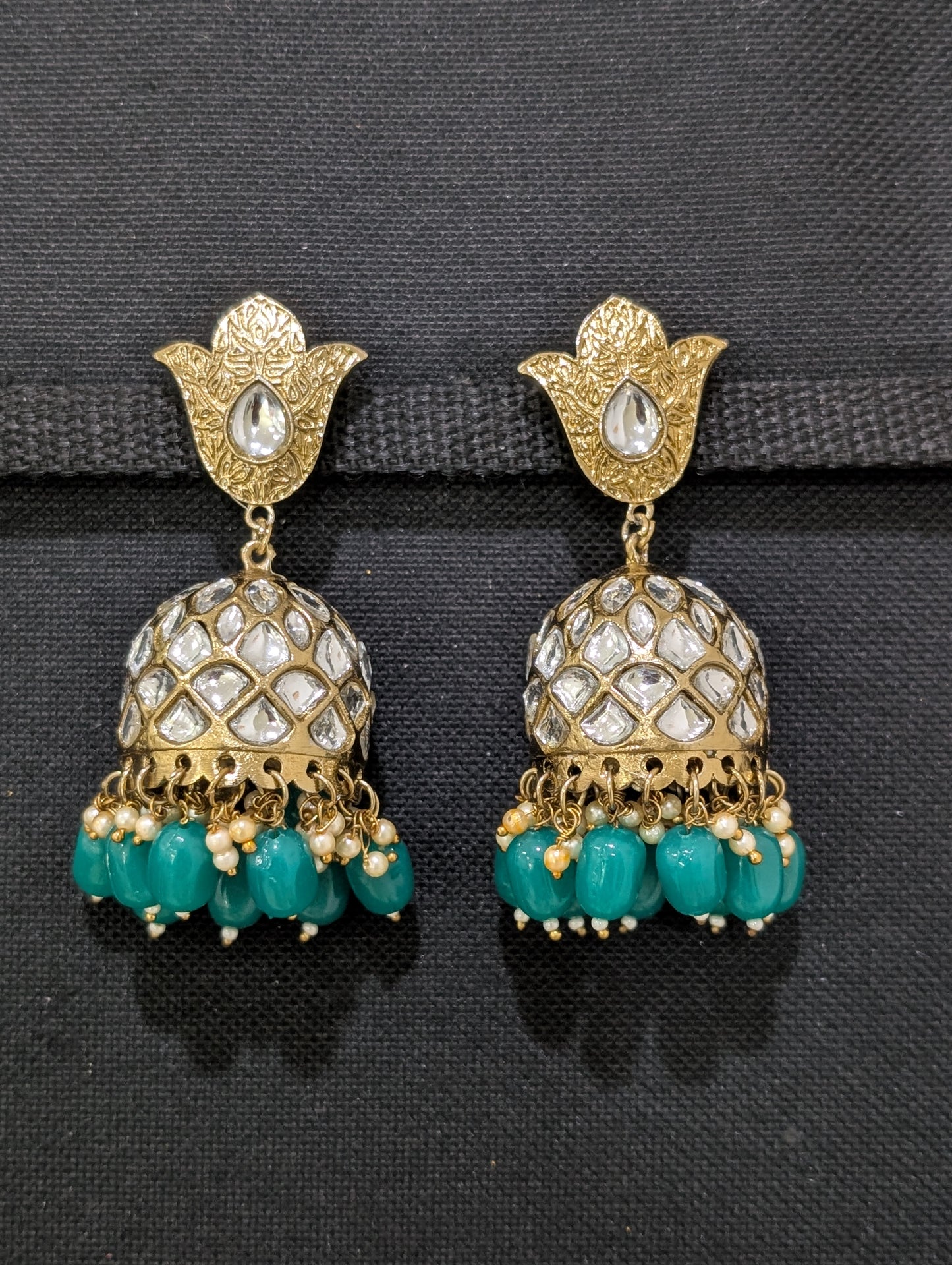 Mehandi gold plated beaded Large Jhumka Earrings