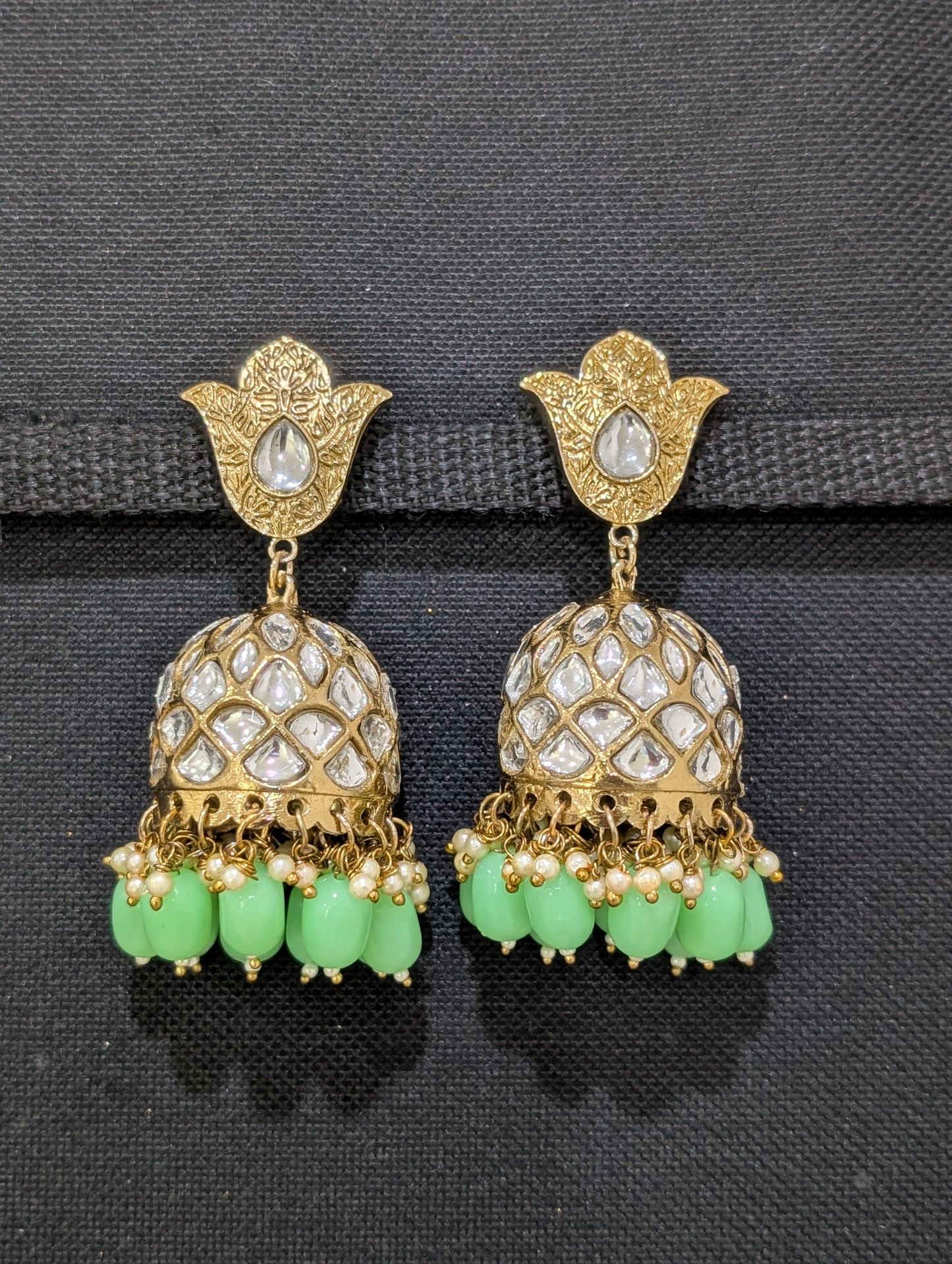 Mehandi gold plated beaded Large Jhumka Earrings