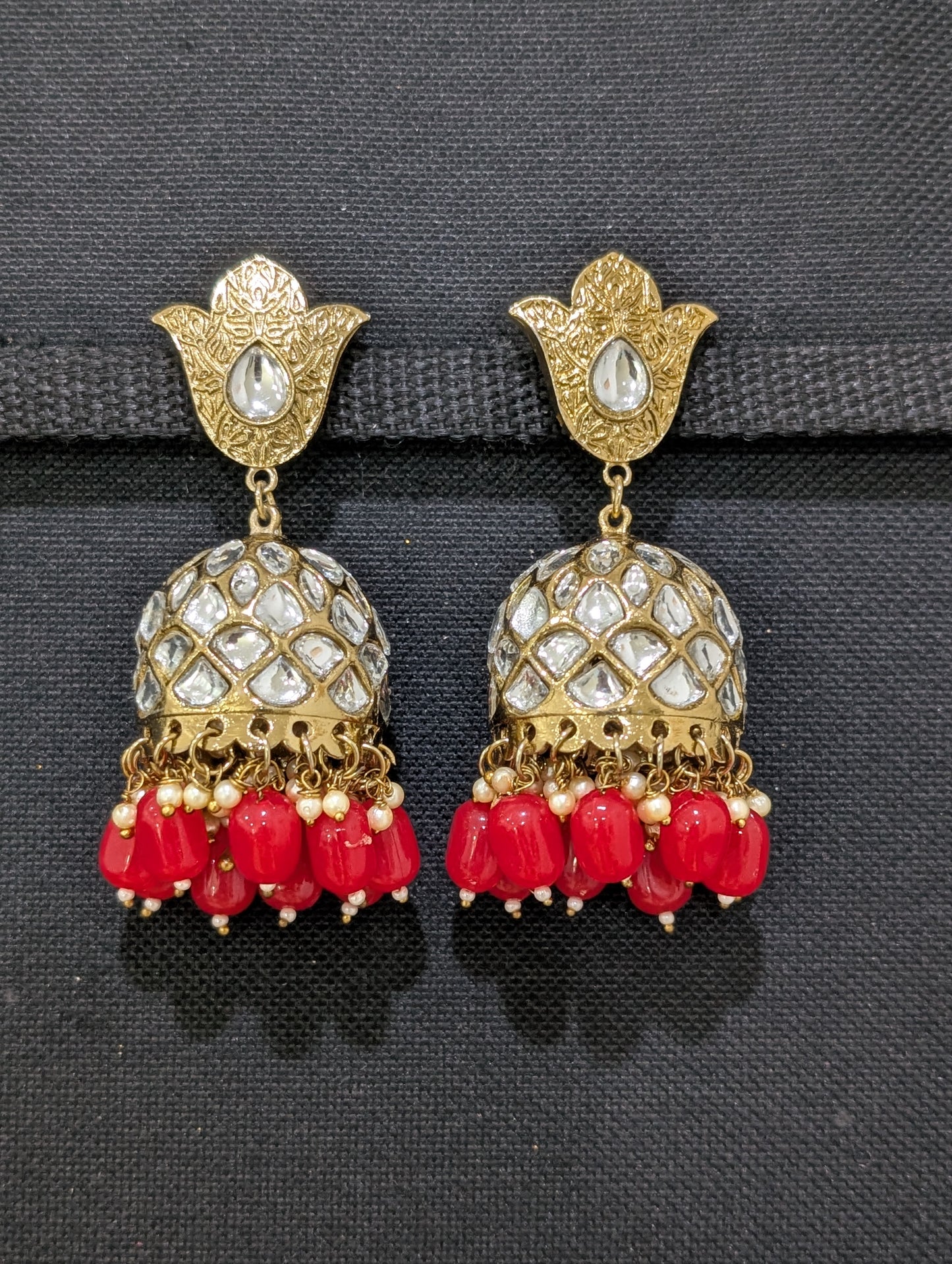 Mehandi gold plated beaded Large Jhumka Earrings