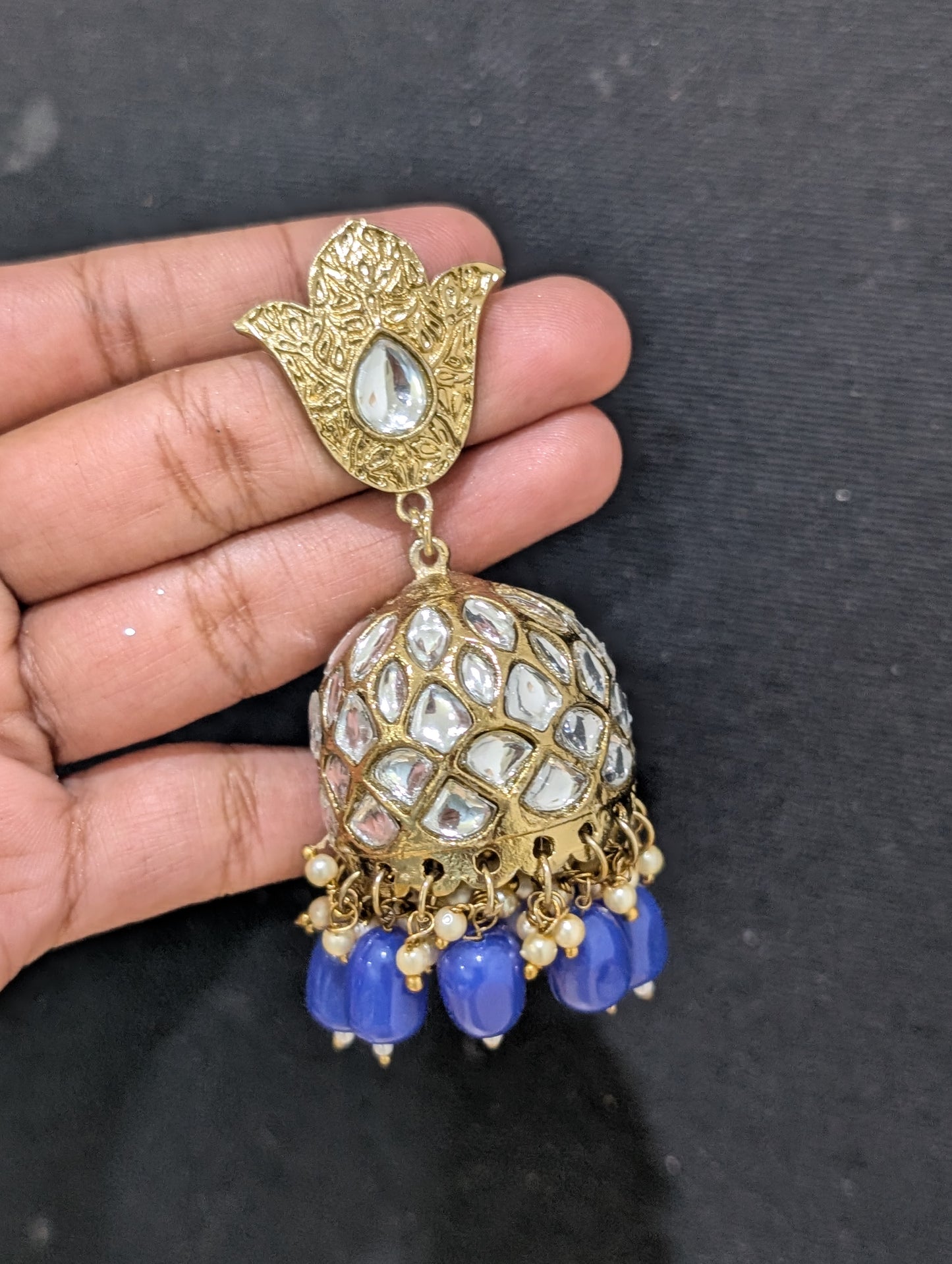 Mehandi gold plated beaded Large Jhumka Earrings