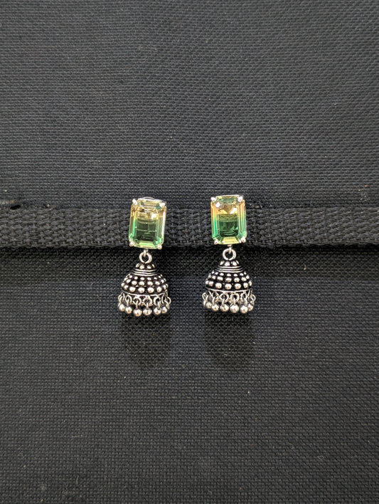 Oxidized silver CZ stone Jhumka earrings - D3 - Simpliful
