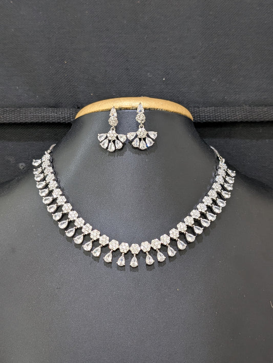 Casual flower cz stone choker necklace and earring set - Platinum finish