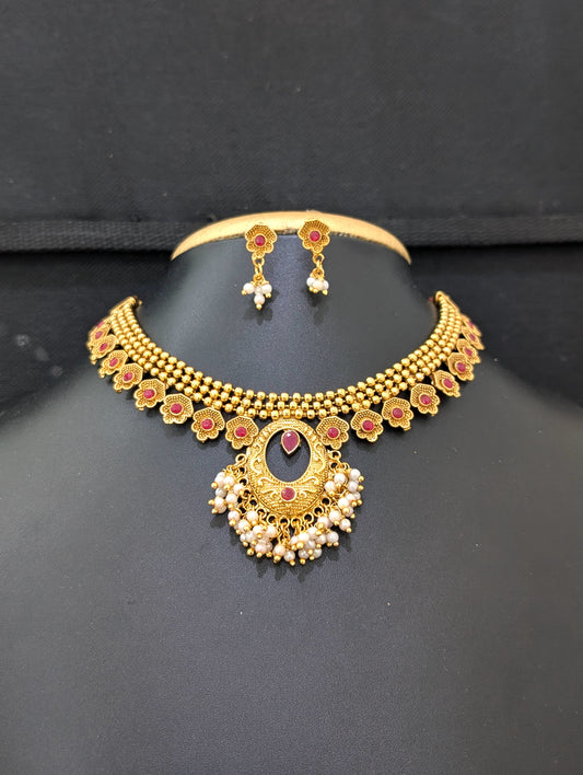 Pearl cluster dangle Choker Necklace and Earrings set