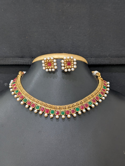 Square design Polki Choker Necklace and Earrings set