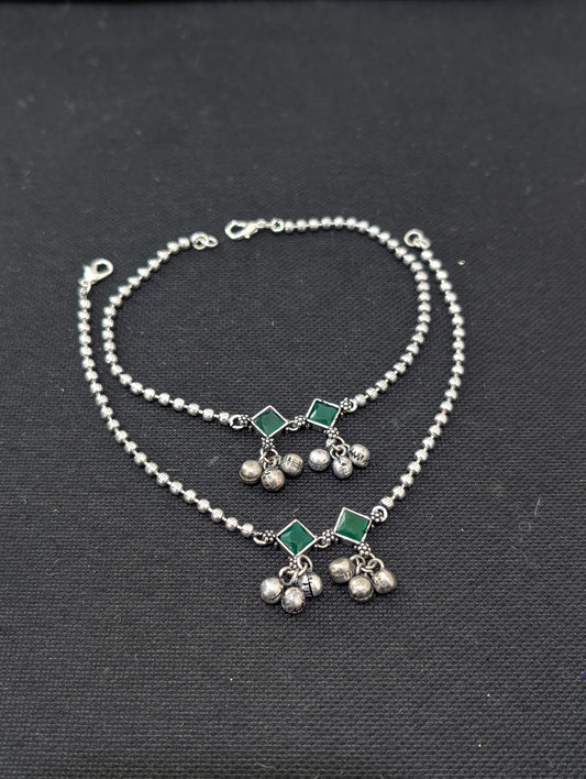 Ghunghru bead Polki Oxidized Silver Anklets - D2