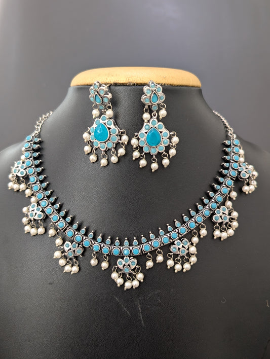 Pearl dangle Polki Oxidized silver choker necklace and earrings set - D2