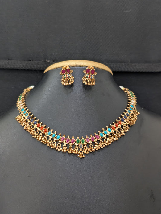 Navaratna stone Mango Choker Necklace Earrings Set