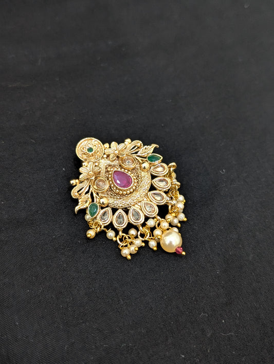 Gold plated Chandbali design Polki Saree Brooch
