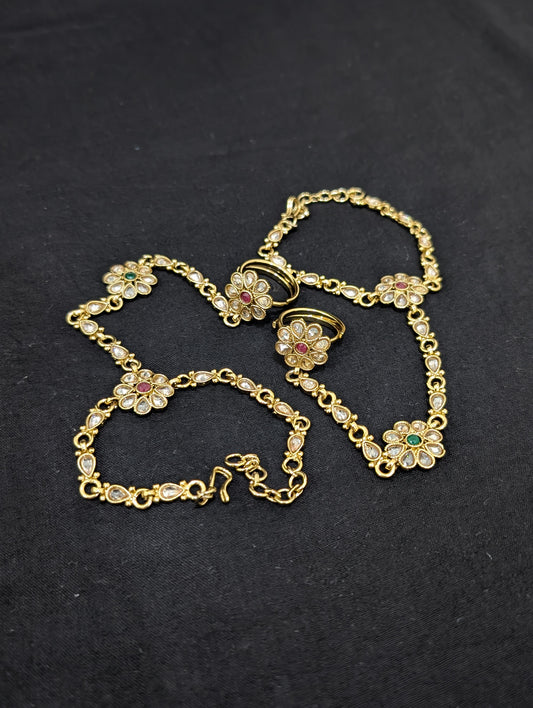 Mehandi gold Polki Haath Phool / Bracelet Ring Combo / Ring Chain Bracelet - D1