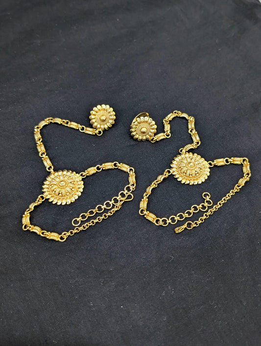 Gold plated Haath Phool / Bracelet Ring Combo / Ring Chain Bracelet - D3