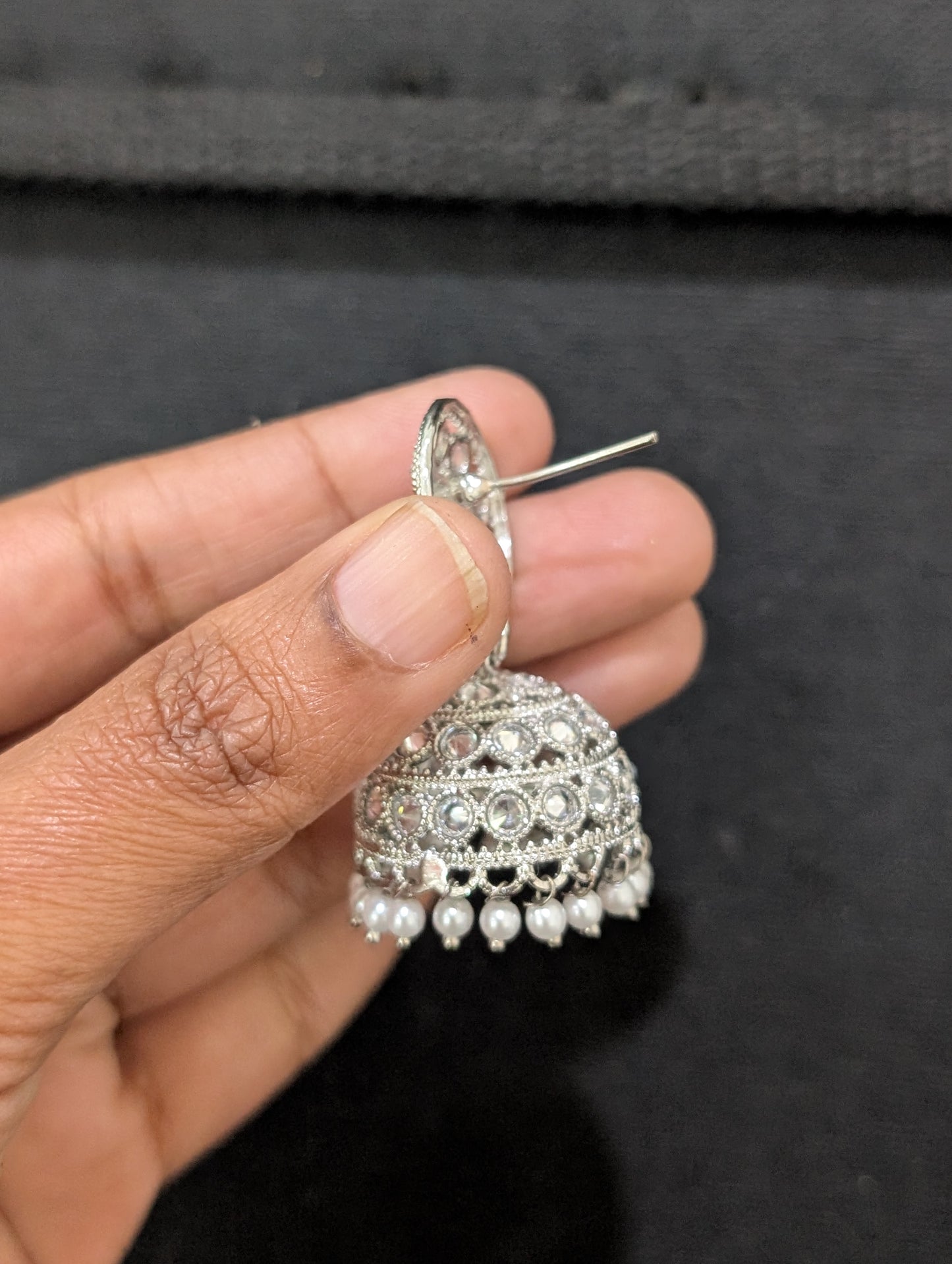 Silver rhodium White Polki Jhumka Earrings