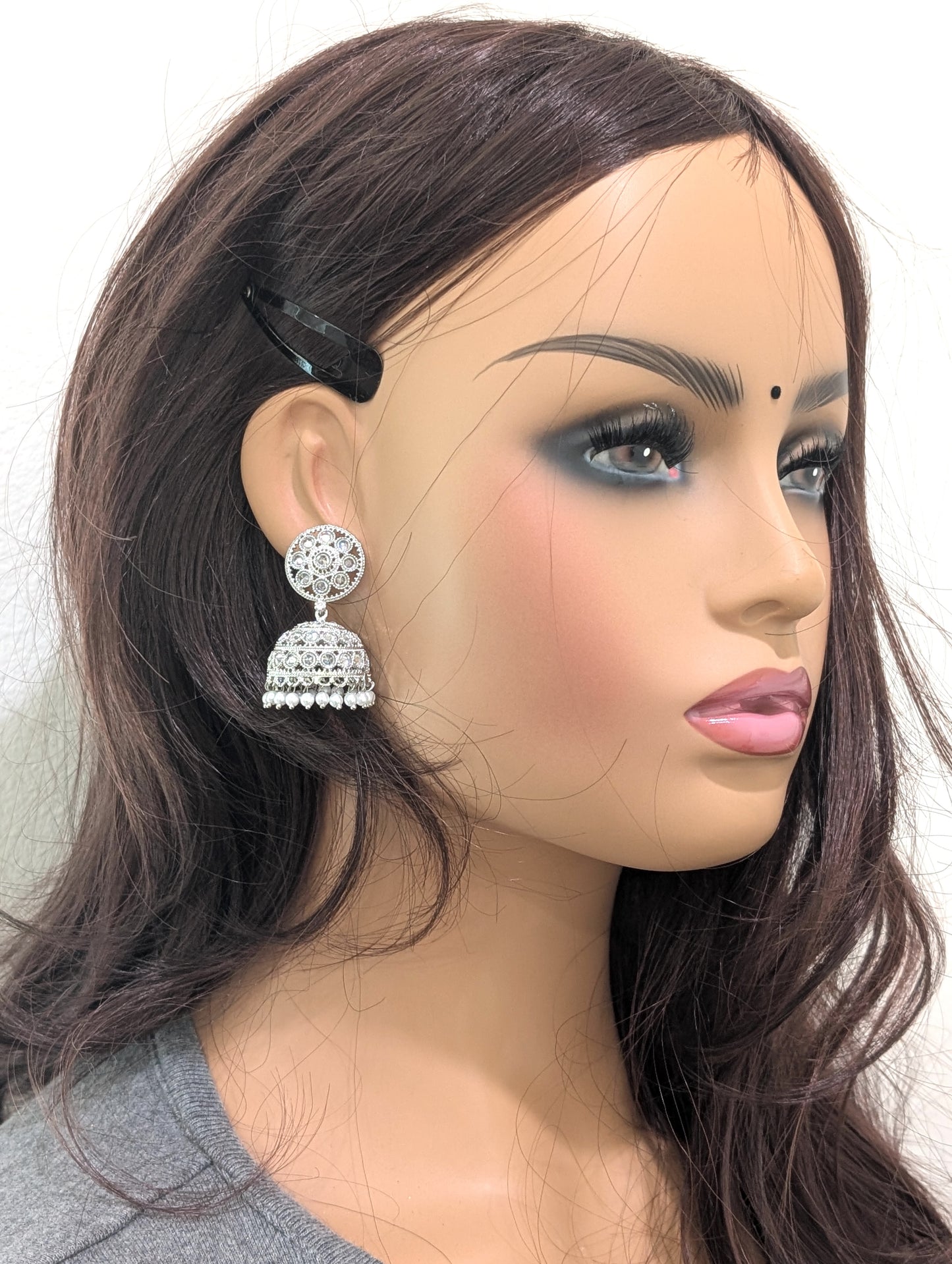 Silver rhodium White Polki Jhumka Earrings
