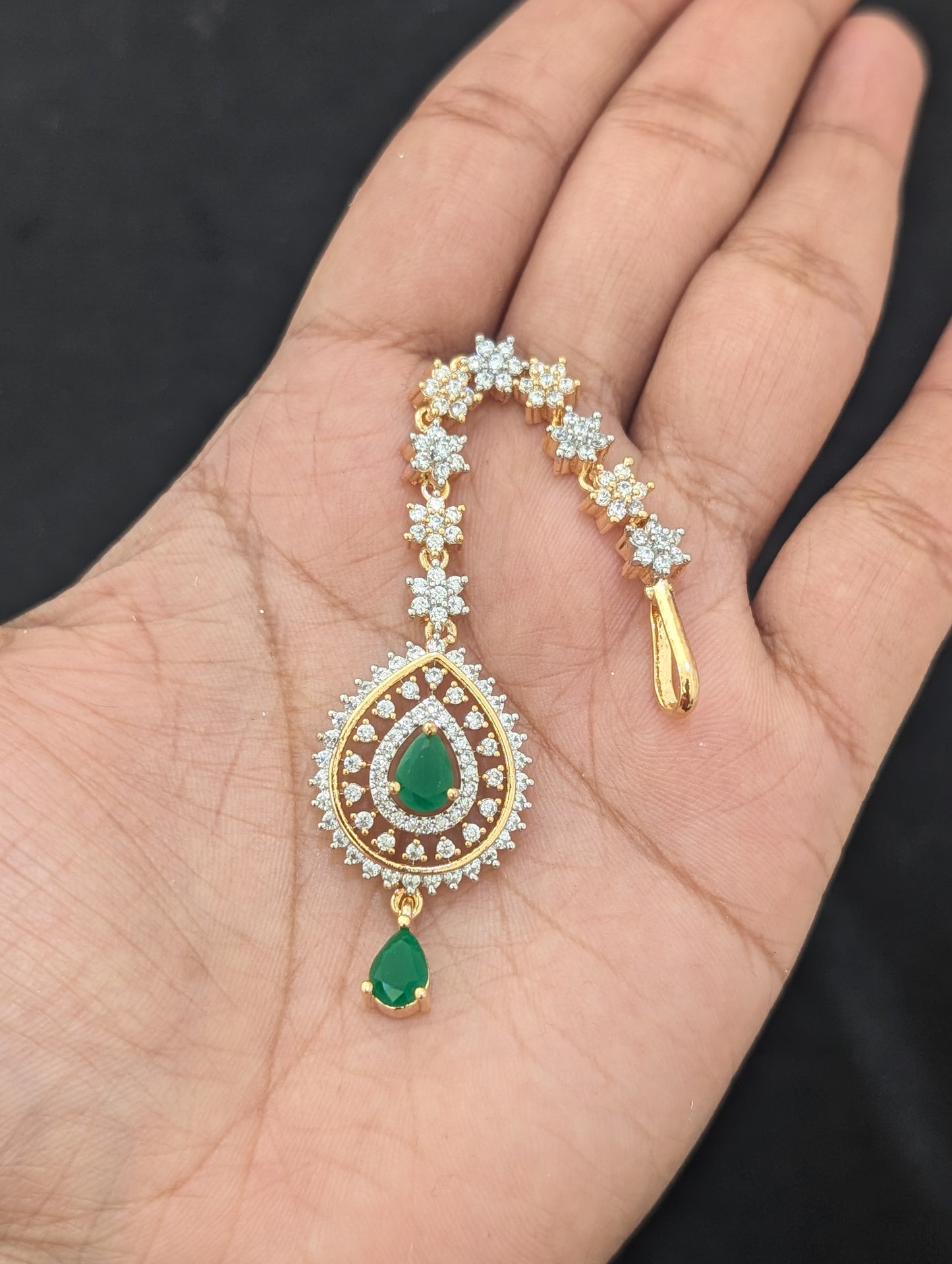 Teardrop design One gram gold plated CZ Maang Tikka