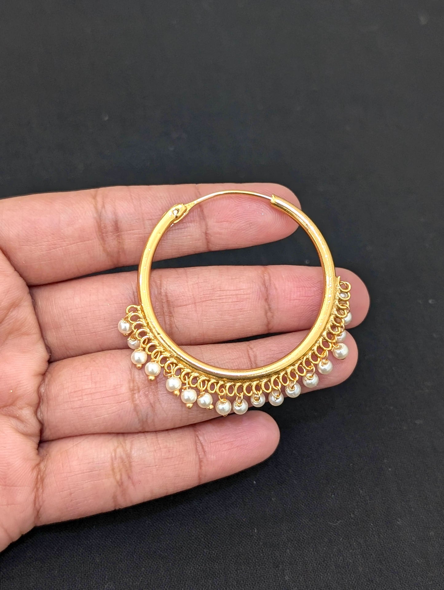Pearl bead dangle Large hoop earrings