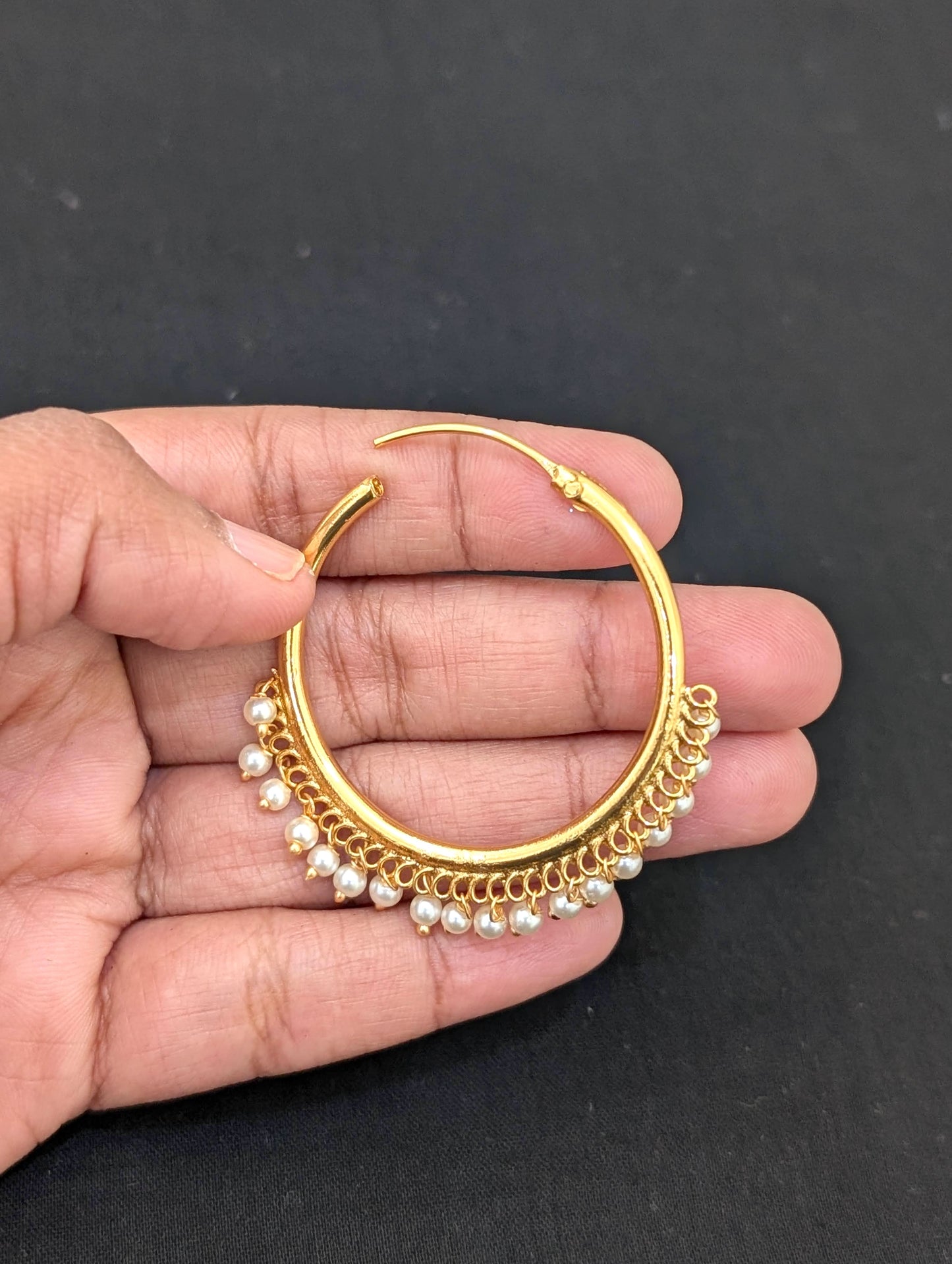 Pearl bead dangle Large hoop earrings