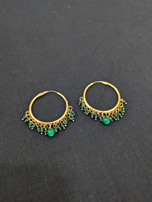 Green bead dangle Medium hoop earrings