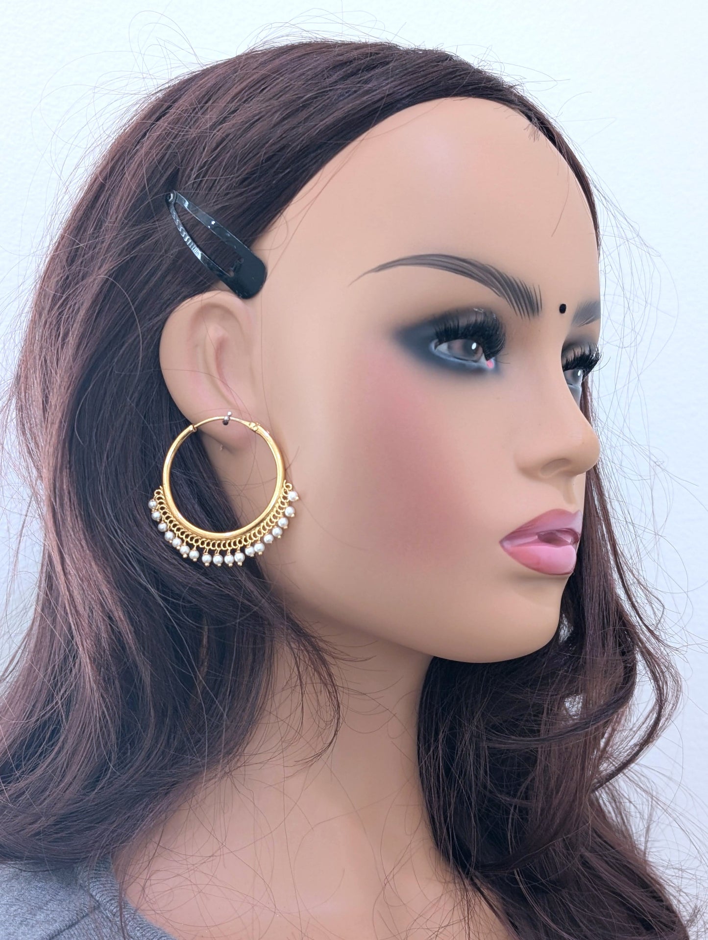 Pearl bead dangle Large hoop earrings