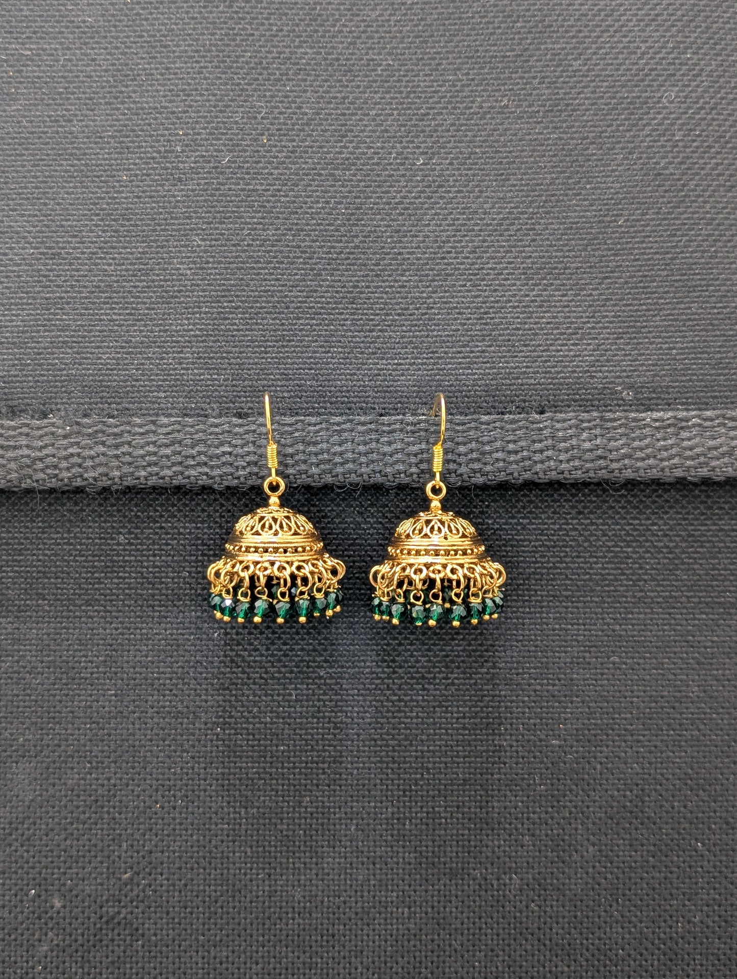 Gold plated hook drop green bead jhumka