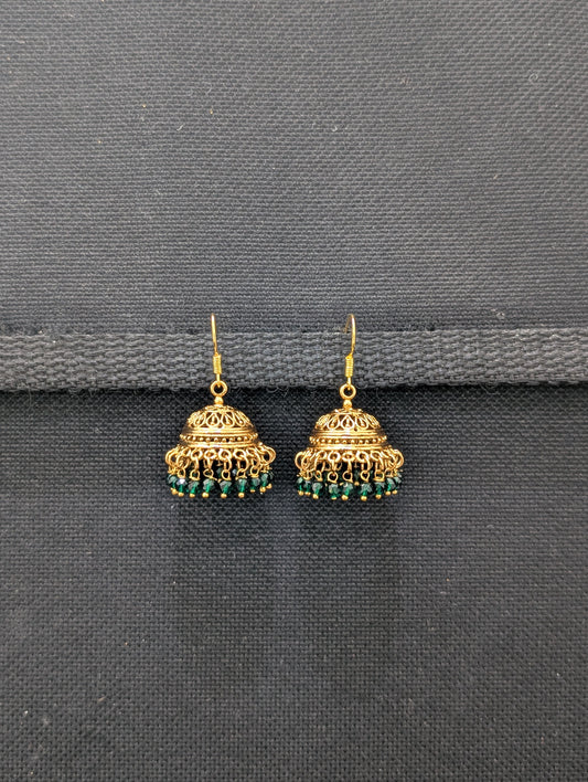 Gold plated hook drop green bead jhumka