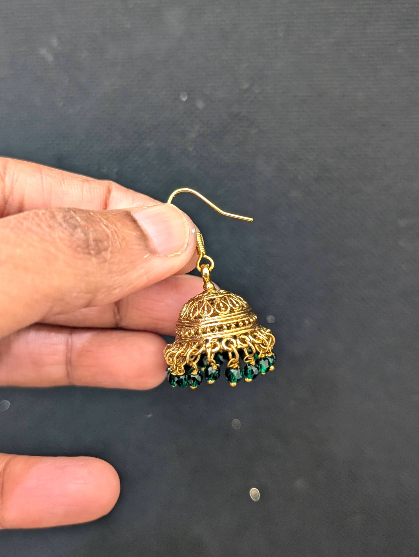 Gold plated hook drop green bead jhumka