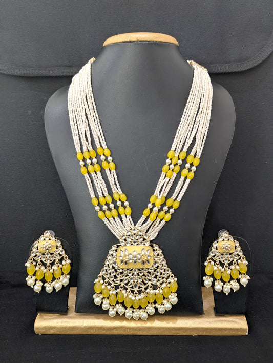 Multi strand Oval bead Necklace Kundan Pendant and Earrings set