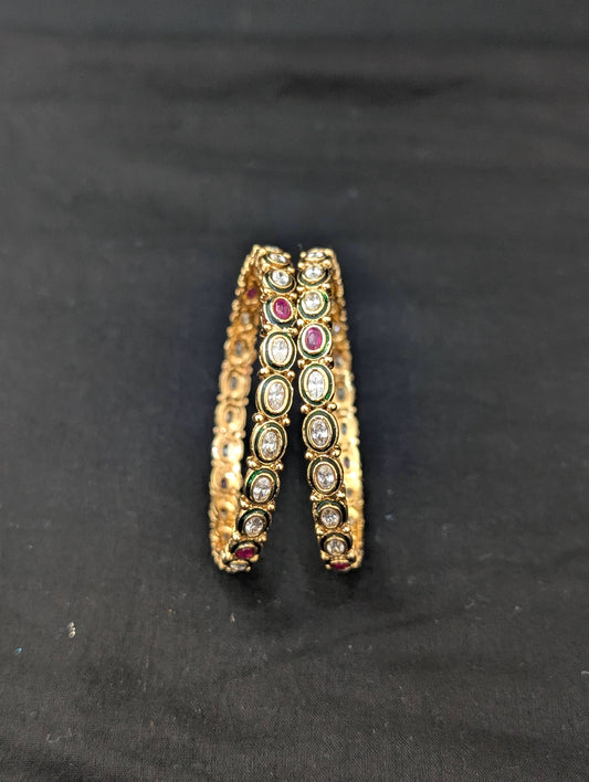 Gold plated Oval Polki stone Bangles - Set of 2 - 2x8 size