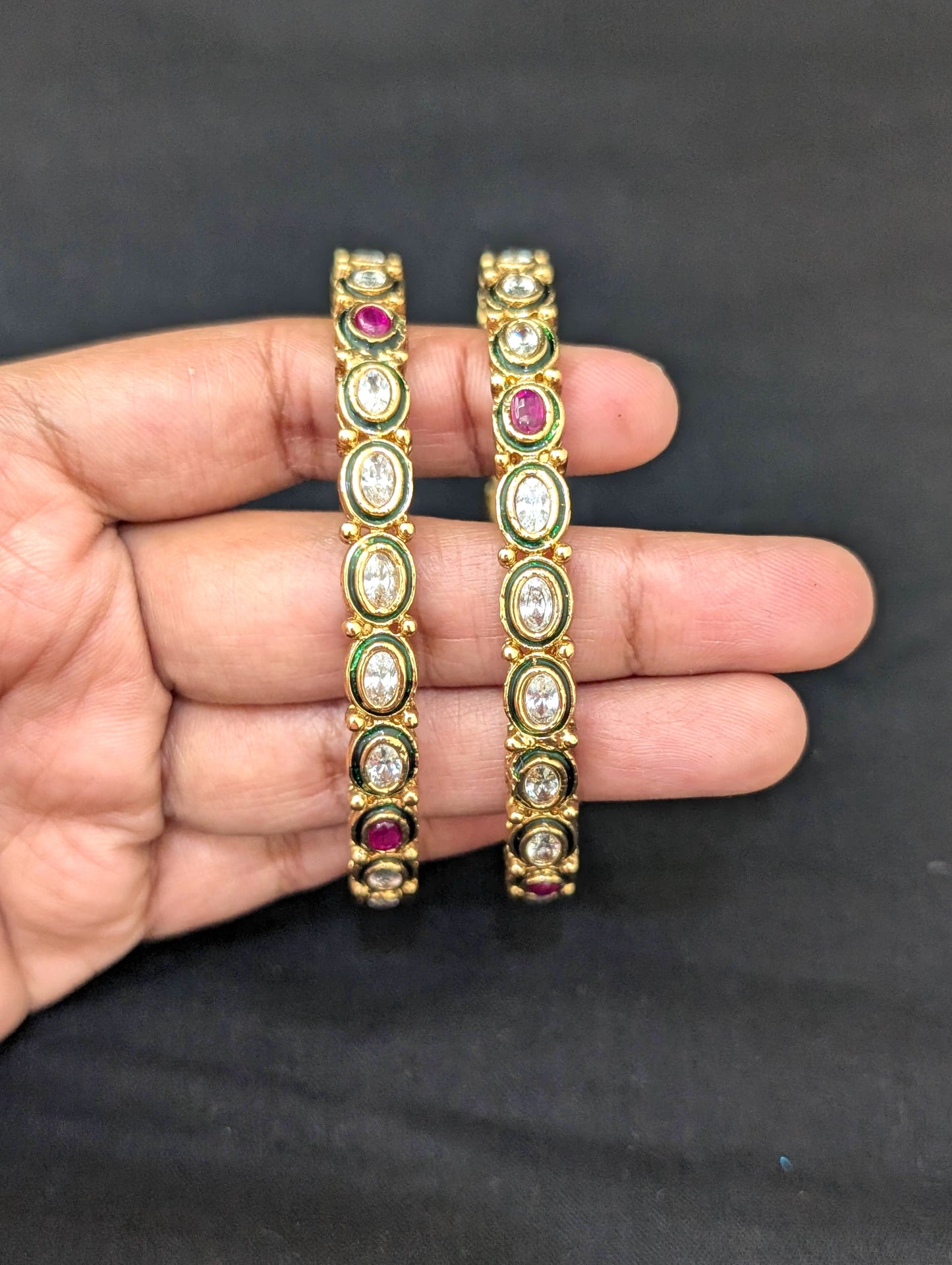 Gold plated Oval Polki stone Bangles - Set of 2 - 2x8 size