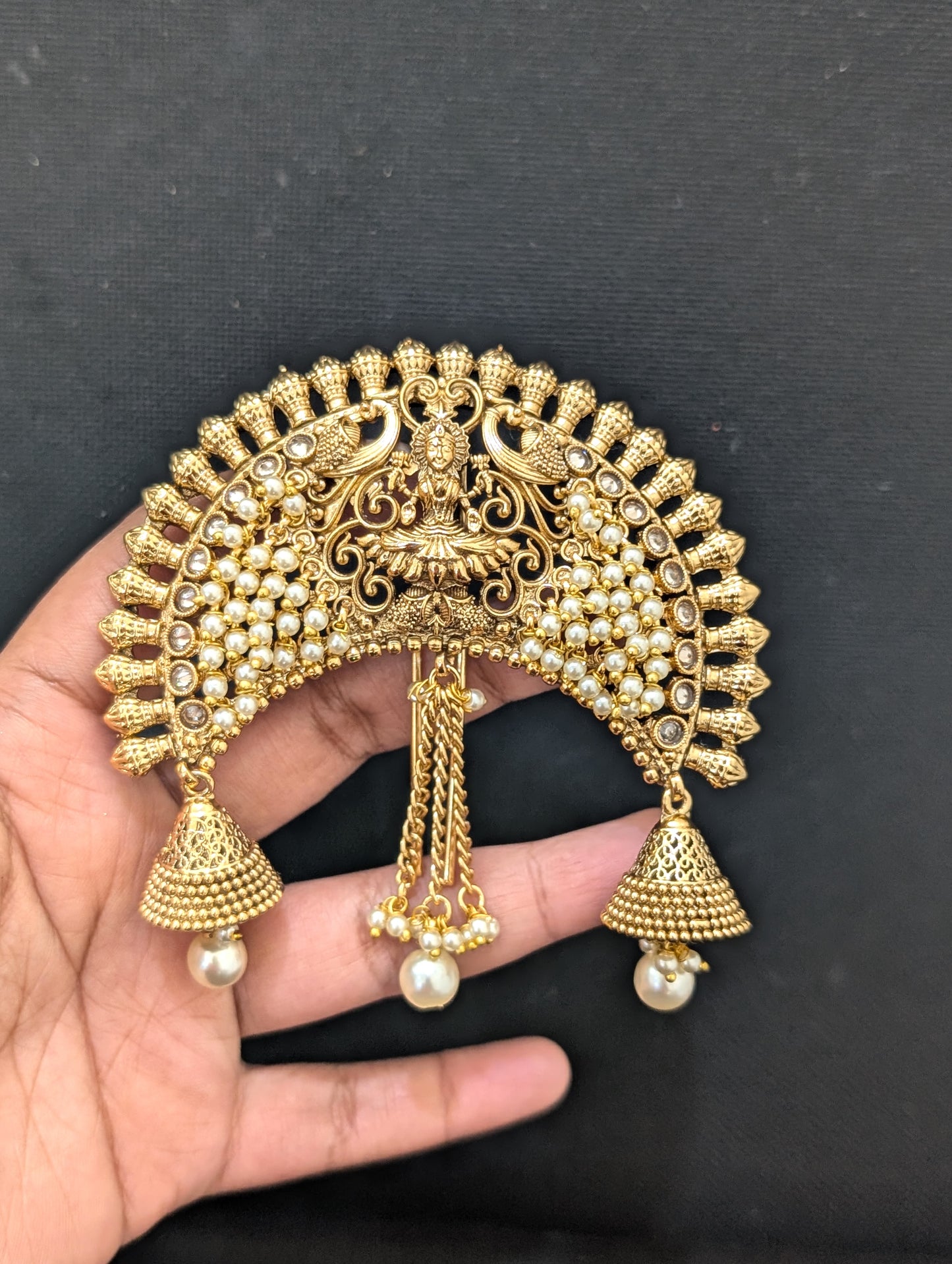 Antique Gold plated Lakshmi ji design Polki Large Hair Brooch