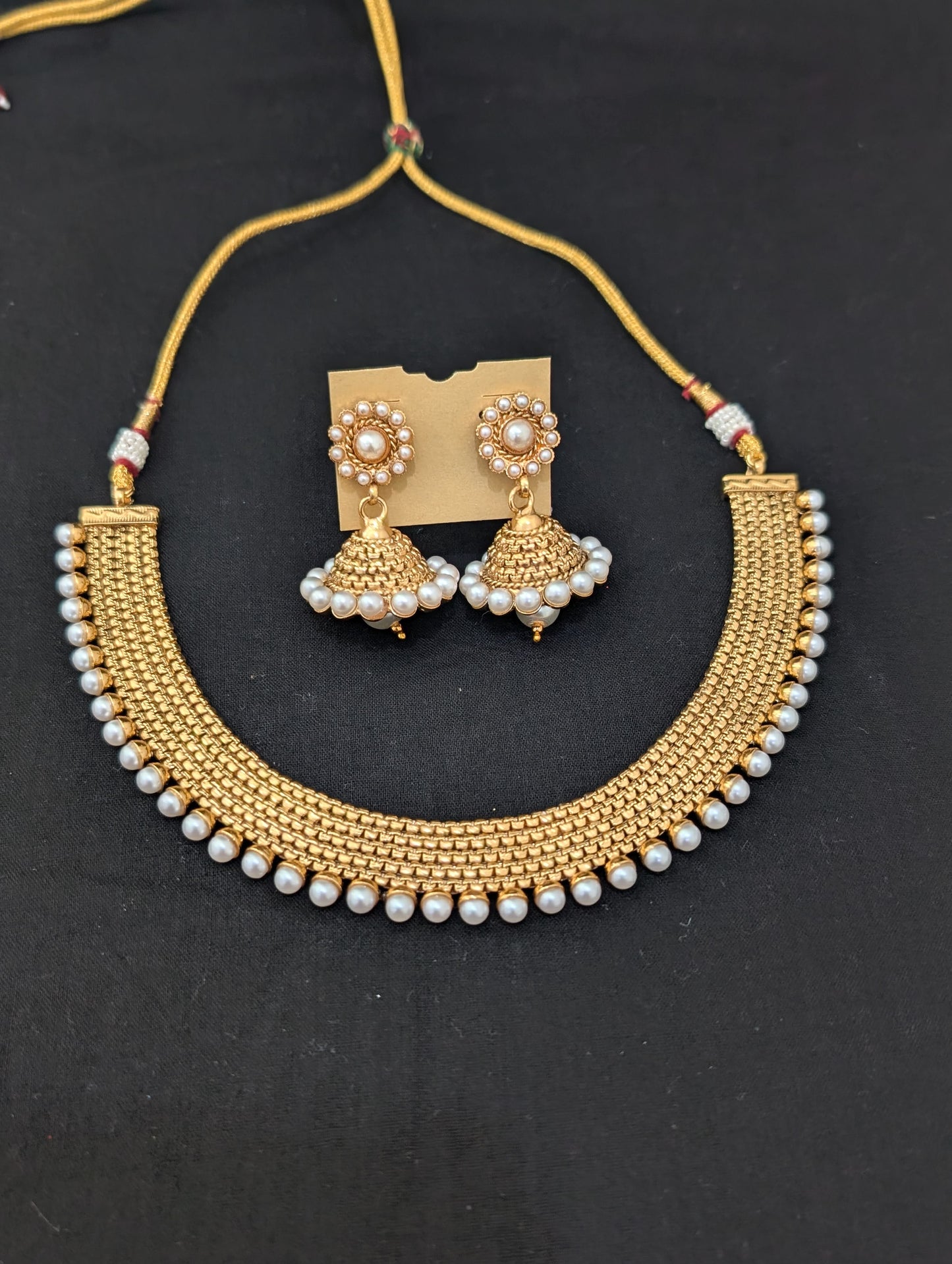 Gold plated Pearl surrounded Choker Necklace set