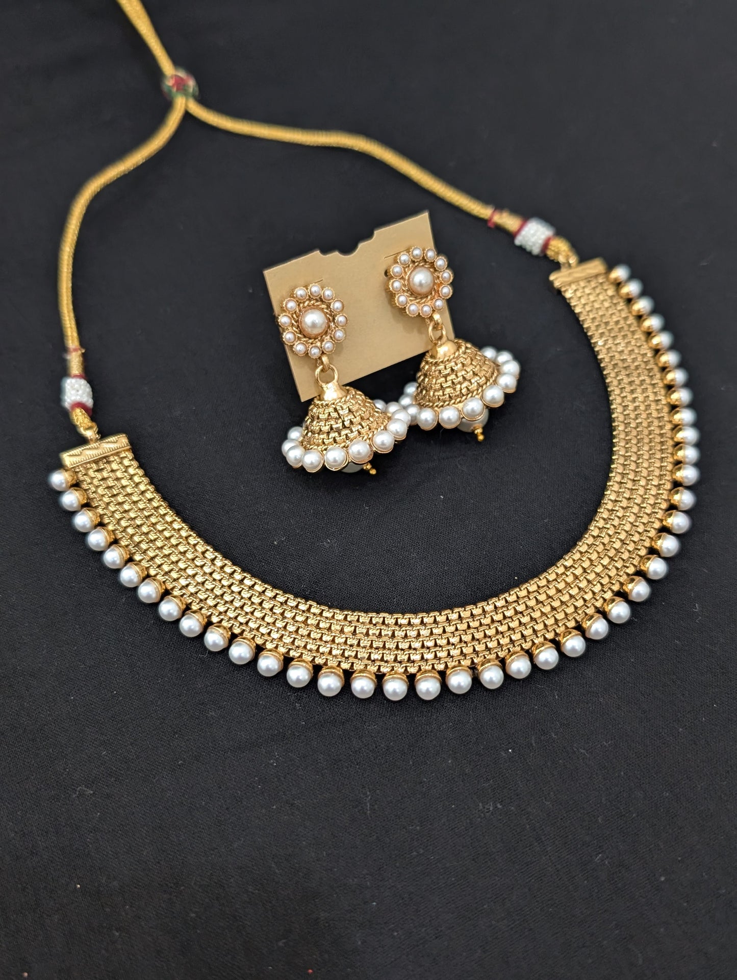 Gold plated Pearl surrounded Choker Necklace set