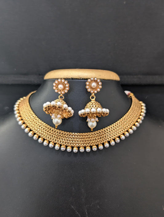 Gold plated Pearl surrounded Choker Necklace set