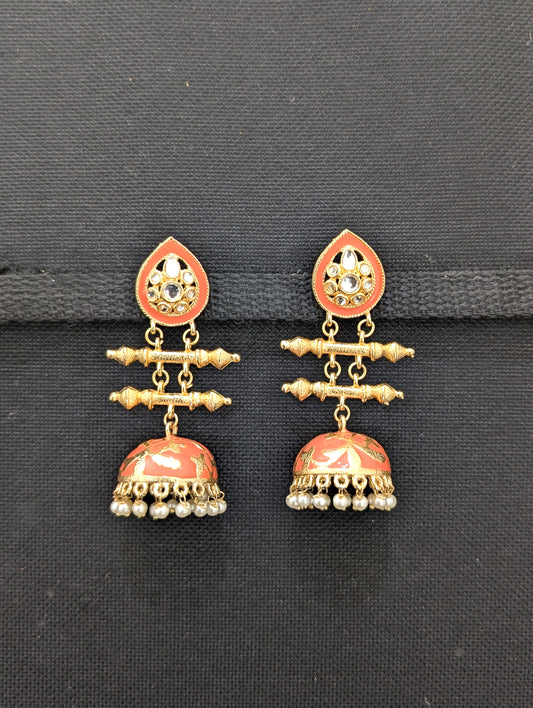 Peach color Large Enamel Jhumka Earrings