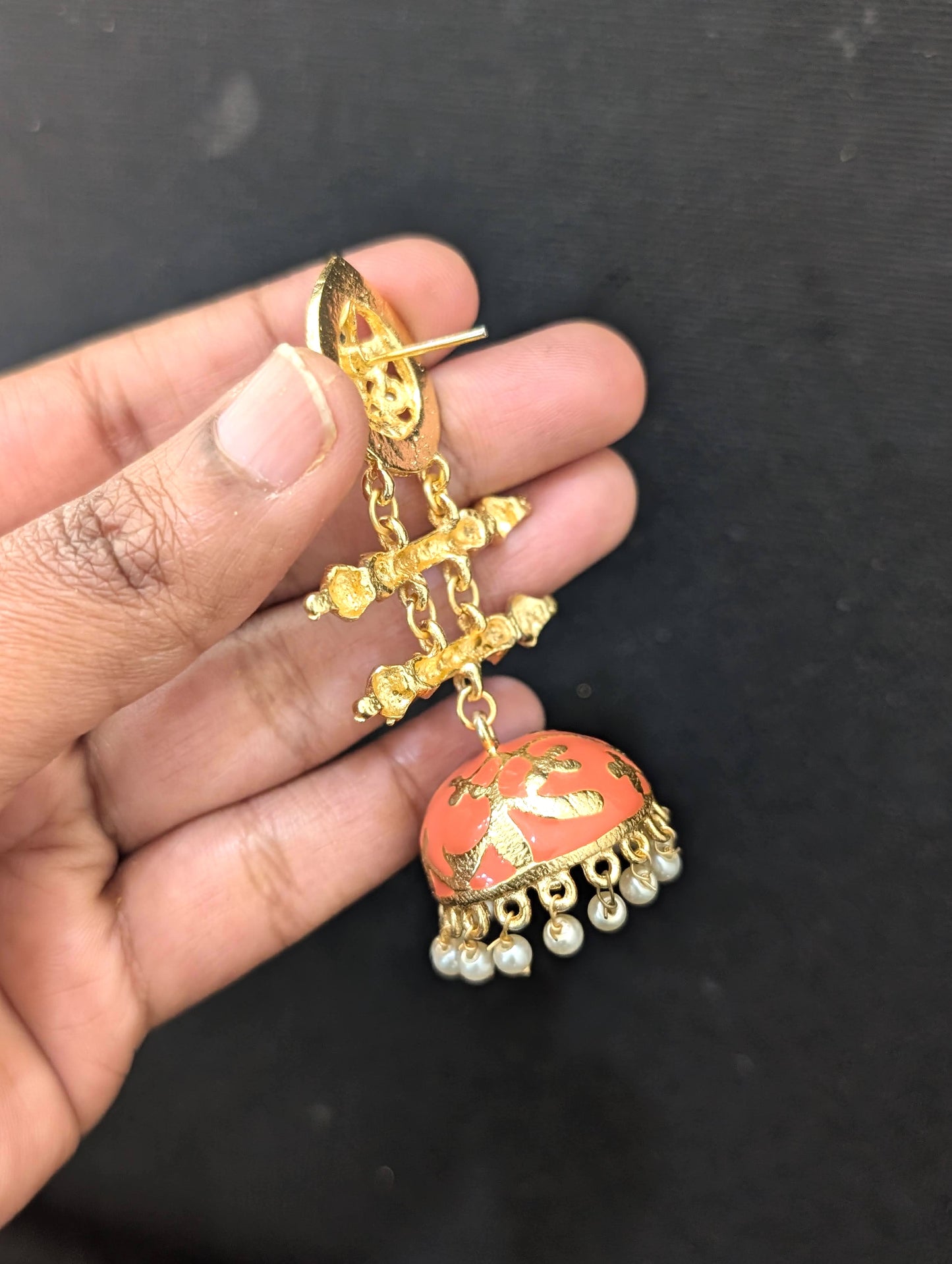Peach color Large Enamel Jhumka Earrings