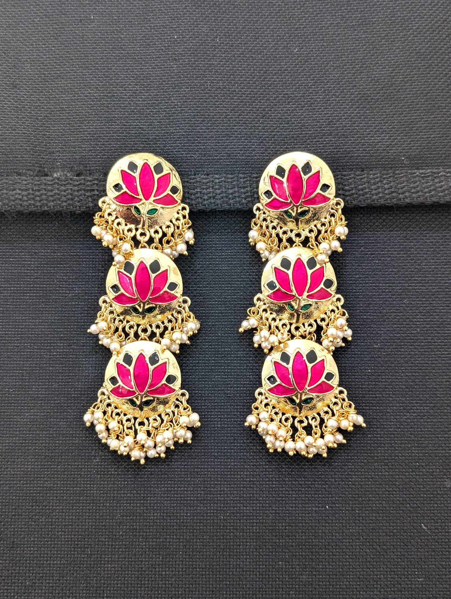 Lotus design Long Dangle Enamel Earrings