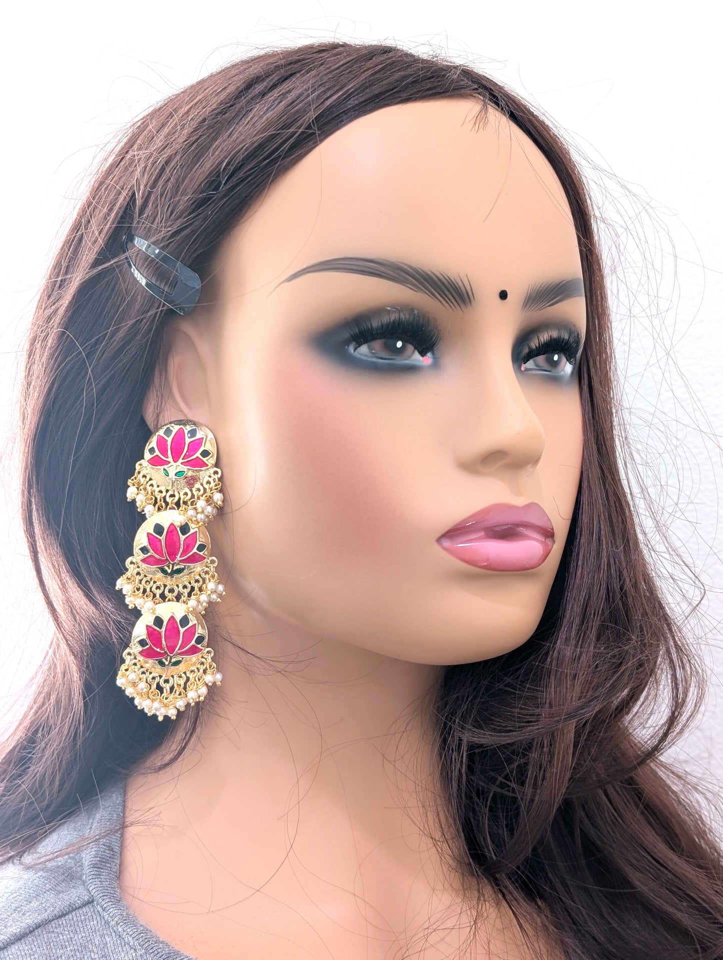 Lotus design Long Dangle Enamel Earrings