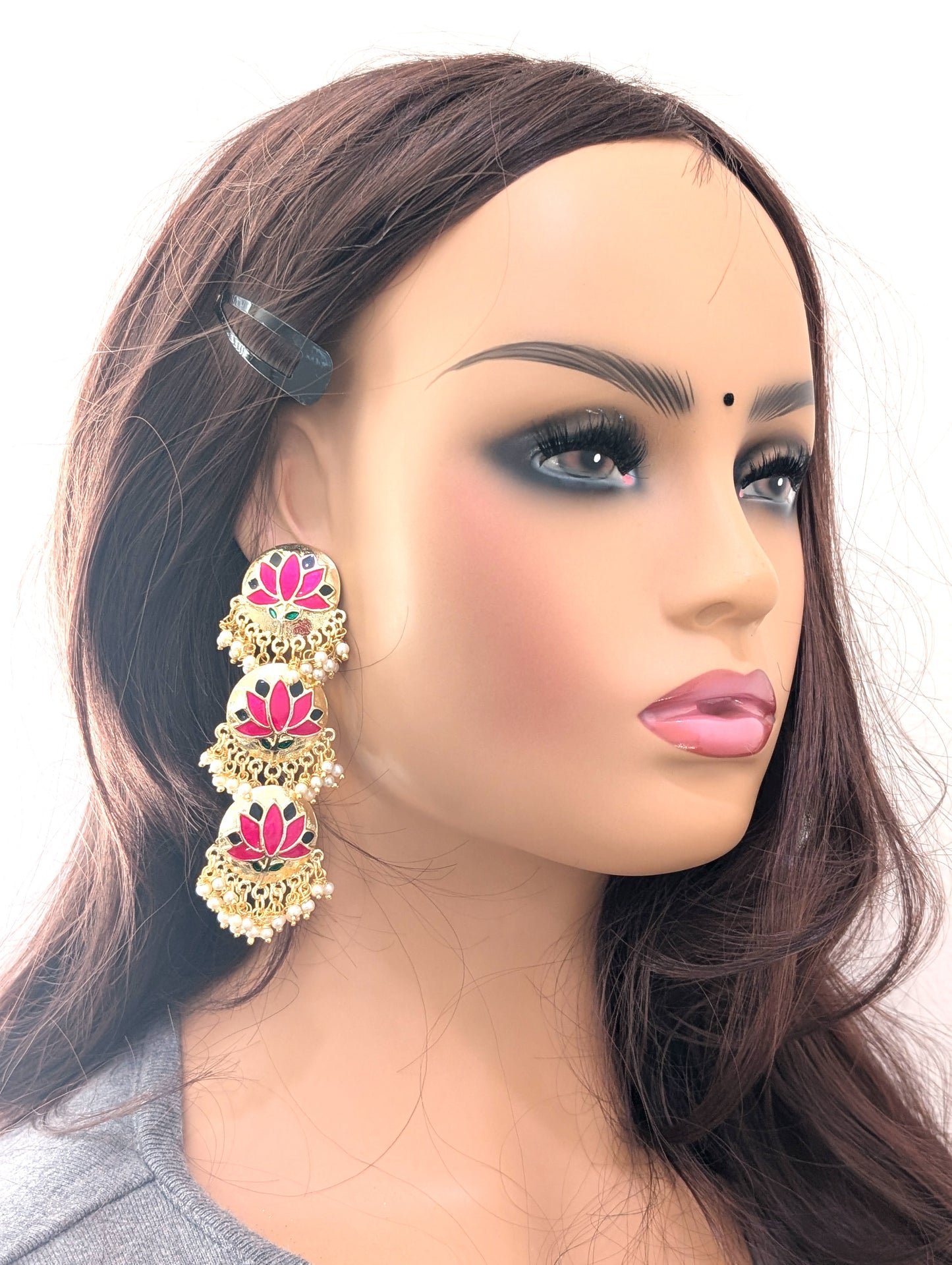 Lotus design Long Dangle Enamel Earrings