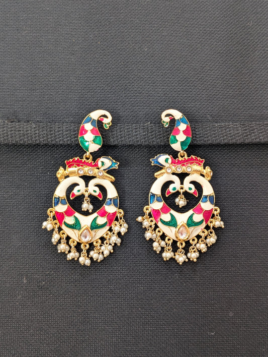 Dancing Peacock Chandbali Enamel Earrings - D1