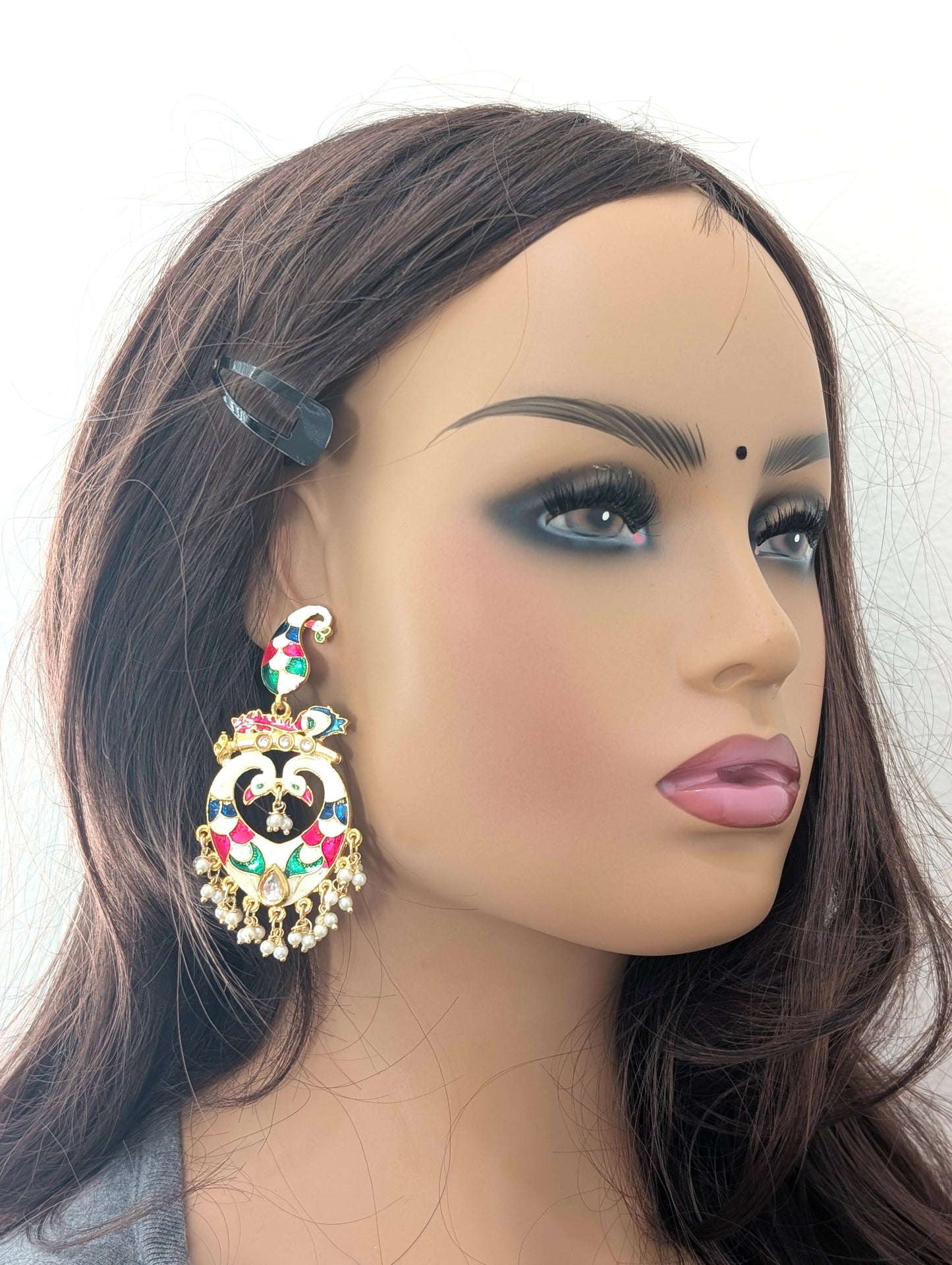 Dancing Peacock Chandbali Enamel Earrings - D1