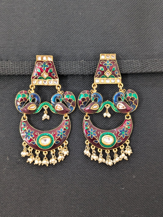 Dancing Peacock Chandbali Enamel Earrings - D2