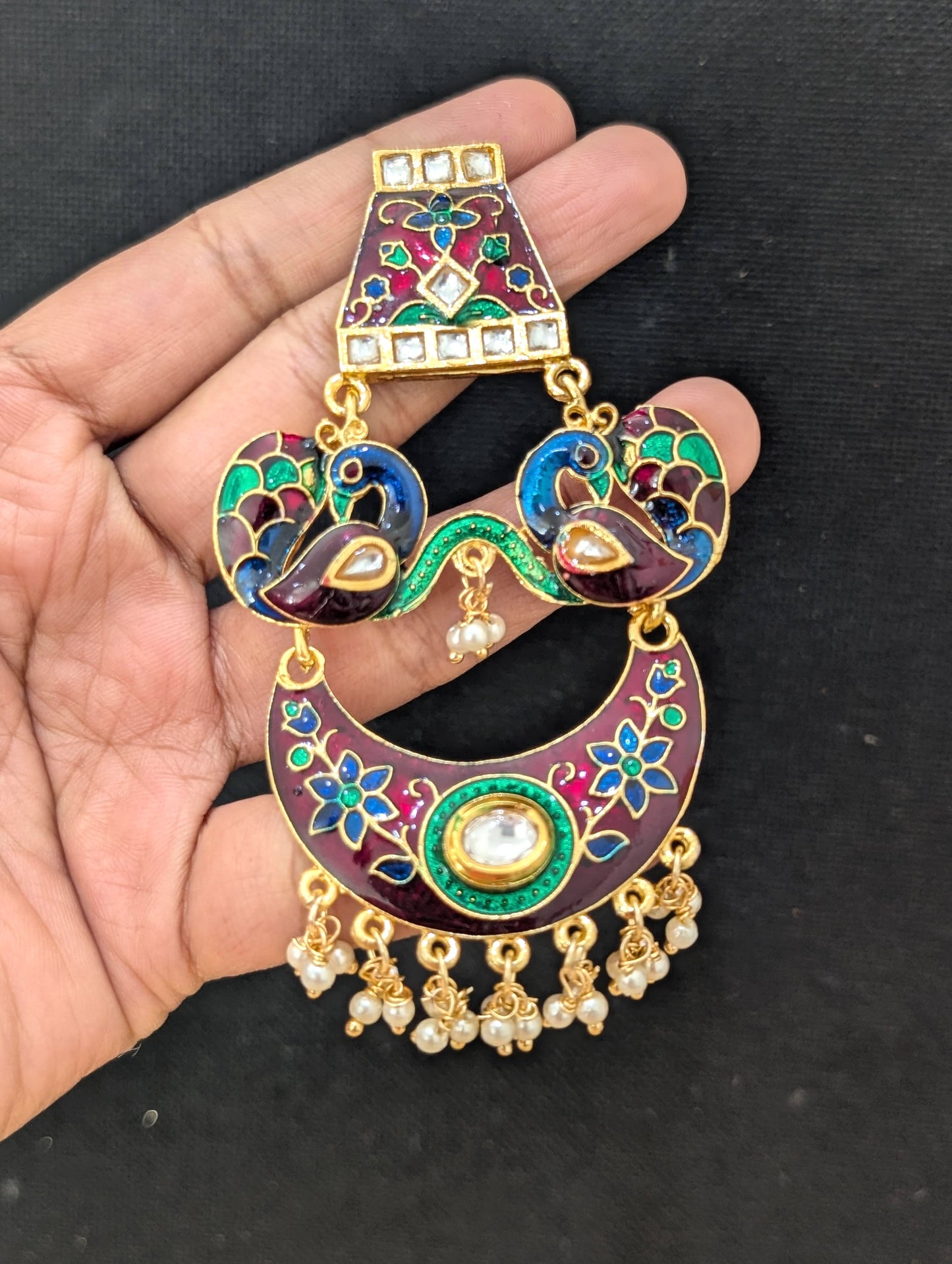Dancing Peacock Chandbali Enamel Earrings - D2