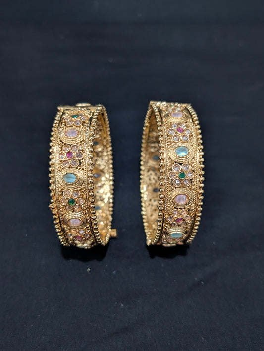 Multi color Polki Gold plated openable bangles