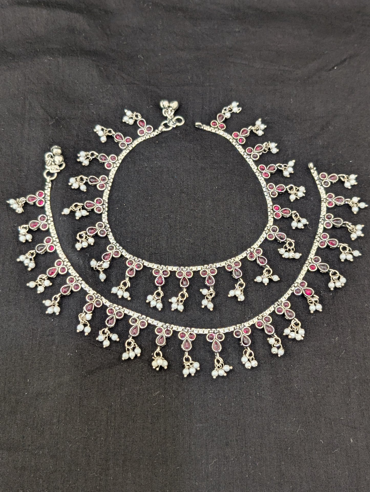 Kemp stone Bright Silver plated Pearl cluster Anklets