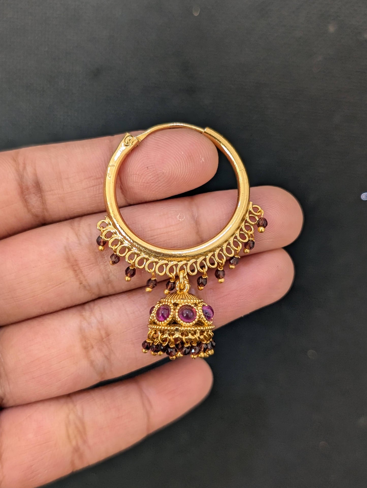 Crystal bead dangle hoop jhumka earrings