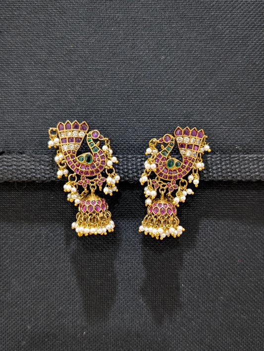 Antique Dark gold Guttapusalu Peacock Jhumka Earrings