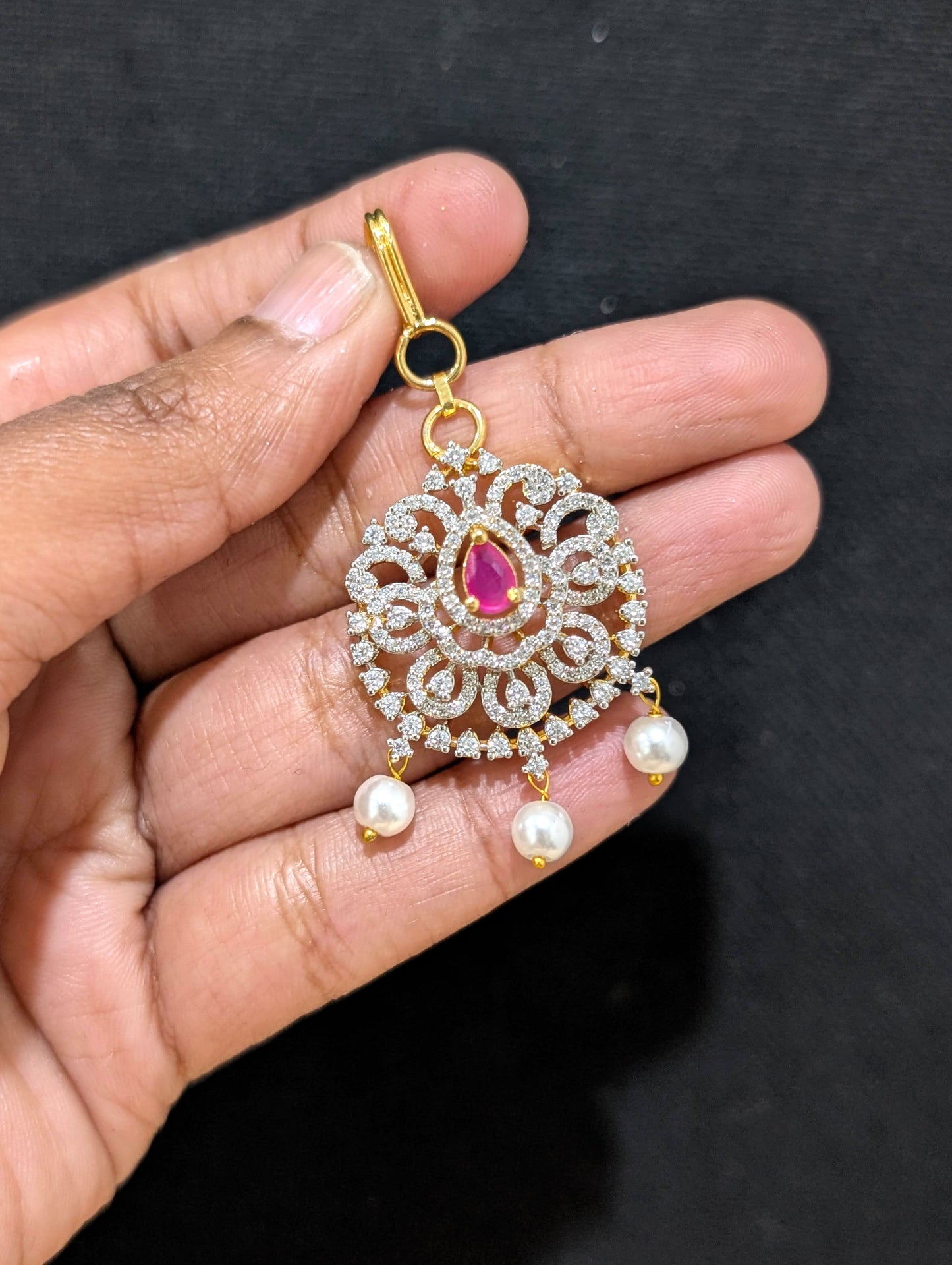 One gram gold plated Short length CZ Maang Tikka