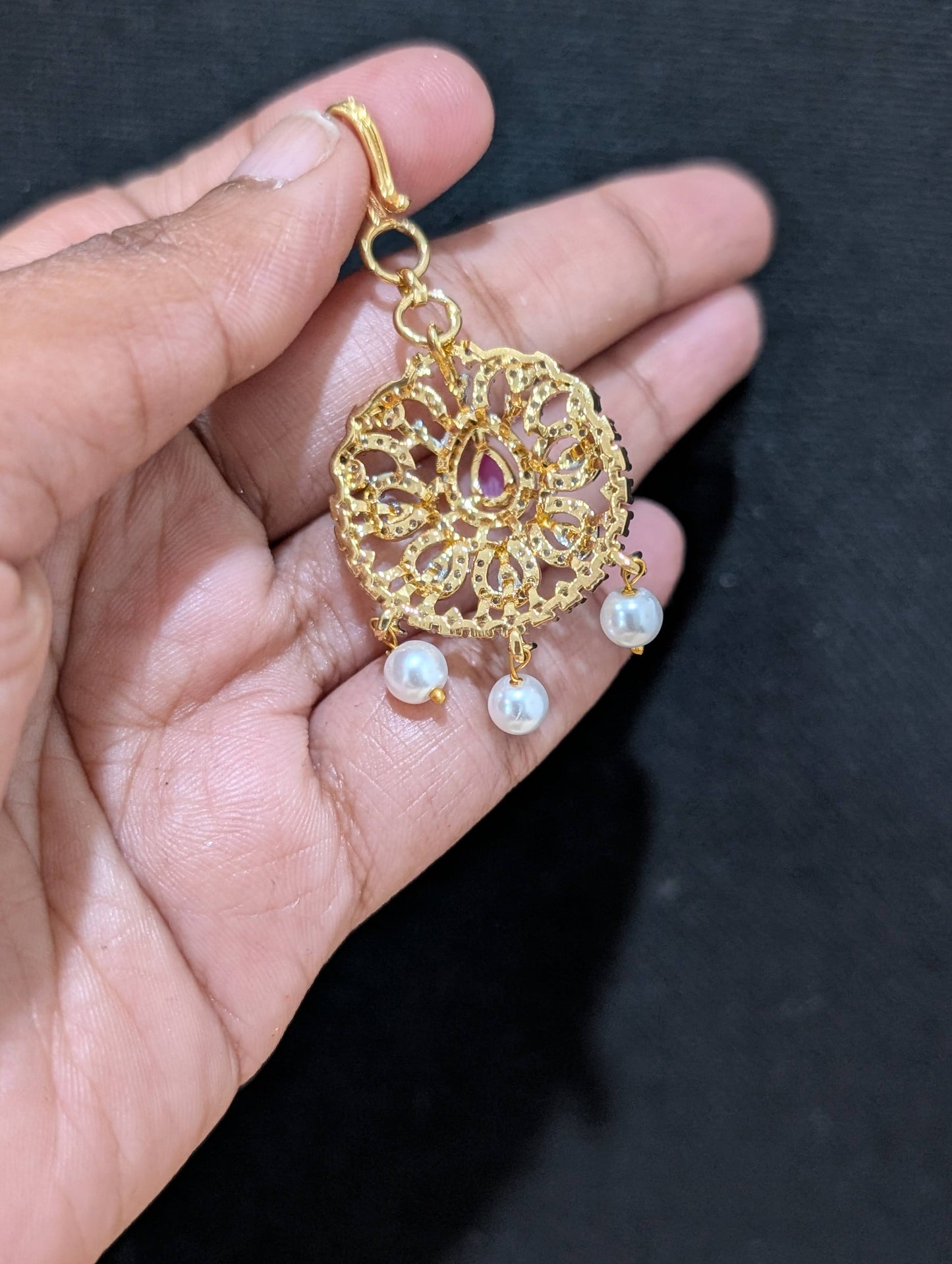 One gram gold plated Short length CZ Maang Tikka
