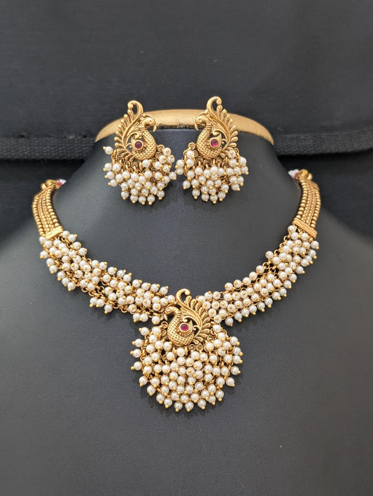 Evergreen Pearl bead Peacock Choker Necklace set