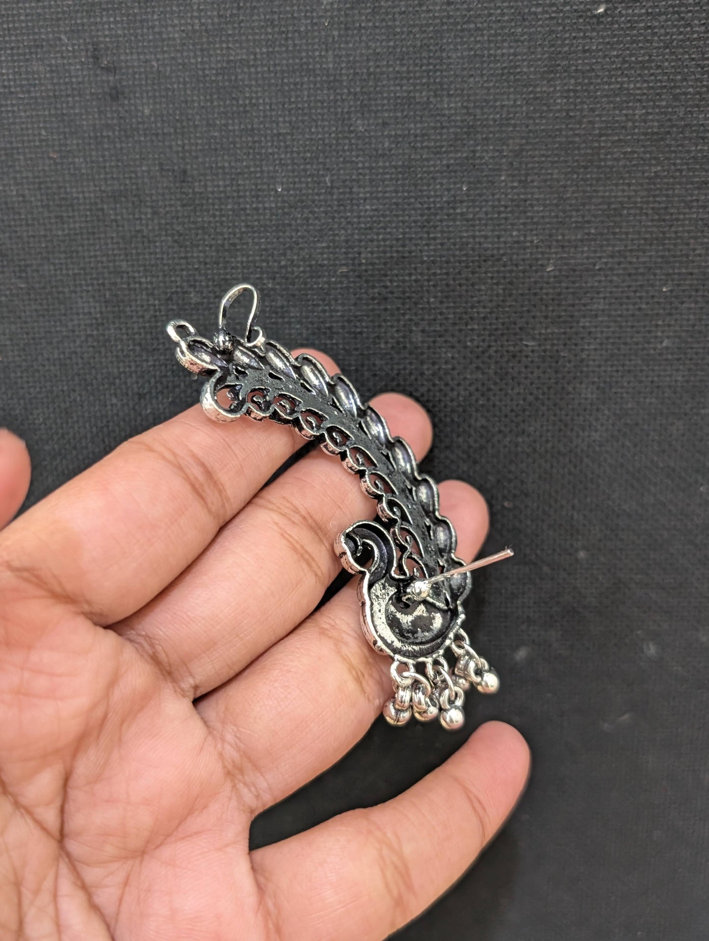 Oxidized silver Peacock Cuff earrings